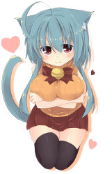 Rule 34 | 1girl, absurdres, animal ears, bell, black thighhighs, blue hair, blush, breast hold, breasts, cat ears, cat tail, crossed arms, dodome-iro mayonnaise, heart, highres, large breasts, necco (tefun), orange shirt, original, red eyes, ribbed sweater, ribbon, shirt, sidelocks, simple background, sitting, skirt, sleeveless, smile, solo, sweater, tail, thighhighs, zettai ryouiki