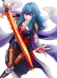 Rule 34 | 1girl, absurdres, armor, black shorts, blue hair, byleth (female) (fire emblem), byleth (fire emblem), dagger, fire emblem, fire emblem: three houses, heroes relic (fire emblem), highres, holding, holding sword, holding weapon, jack (kairuhaido), knife, nintendo, pantyhose, sheath, sheathed, short shorts, shorts, simple background, solo, sword, sword of the creator, weapon, white background