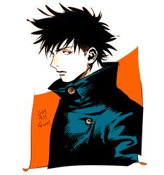 Rule 34 | 1boy, black hair, black jacket, buttons, character profile, closed mouth, commentary, dated, eyelashes, from side, fushiguro megumi, high collar, jacket, jujutsu kaisen, kotteri, looking at viewer, male focus, orange background, profile, short hair, solo, spiked hair, uniform, upper body, white background