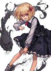 Rule 34 | 1girl, :d, absurdres, beads, black skirt, black vest, blonde hair, brown eyes, collared shirt, commentary, darkness, fang, foot out of frame, frilled shirt collar, frills, grey footwear, hair between eyes, hat, hat ribbon, highres, leaning forward, long sleeves, looking at viewer, necktie, open mouth, red ribbon, red tie, ribbon, rumia, shirt, short hair, skirt, skull, smile, solo, teeth, touhou, upper teeth only, v-shaped eyebrows, vest, white background, white shirt, yanyan (shinken gomi)