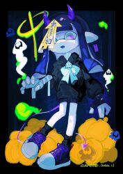 Rule 34 | 1girl, 2022, ankle socks, arm at side, artist name, bandaged arm, bandages, black border, black footwear, black gloves, black hair, black hoodie, black shorts, black socks, blue bow, blue bowtie, blue eyes, blue hair, blunt bangs, border, bow, bowtie, claw pose, commentary, dated, demon horns, demon tail, earrings, english commentary, fangs, fingerless gloves, full body, ghost, gloves, green eyes, halloween, highres, hood, hoodie, horns, inkling, inkling girl, inkling player character, jewelry, kaede (tyahee c), long hair, multicolored eyes, multicolored hair, nintendo, ofuda, ofuda on head, open mouth, pink eyes, pointy ears, pumpkin, purple horns, purple tail, shorts, single earring, single fingerless glove, single glove, socks, solo, splatoon (series), splatoon 3, standing, standing on one leg, striped bow, striped bowtie, striped clothes, sweater, tail, tentacle hair, torn clothes, torn gloves, two-tone hair, white sweater