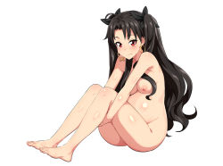 Rule 34 | 1girl, barefoot, black hair, black ribbon, blush, breasts, closed mouth, completely nude, earrings, fate/grand order, fate (series), from side, gold earrings, hair ribbon, highres, hoop earrings, hugging own legs, ishtar (fate), jewelry, long hair, medium breasts, nipples, nude, pregnant, red eyes, ribbon, shin&#039;ya (shin&#039;yanchi), simple background, sitting, smile, solo, two side up, very long hair, white background