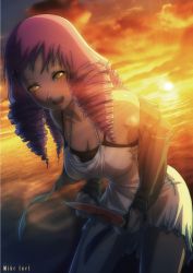 Rule 34 | 10s, 1girl, artbook, breasts, cleavage, commentary, dress, drill hair, food, fruit, highres, jpeg artifacts, katawa shoujo, large breasts, mikado shiina, mike inel, ocean, off shoulder, official art, pink hair, quad tails, solo, sunset, watermelon, white dress, yellow eyes