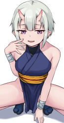 Rule 34 | 1girl, :d, arm support, bare shoulders, breasts, commentary request, fang, fang out, hashi, horns, japanese clothes, kimono, looking at viewer, oni, open mouth, original, paid reward available, pointy ears, purple eyes, purple kimono, red oni, sash, short hair, small breasts, smile, solo, squatting, white background, white hair, yellow sash