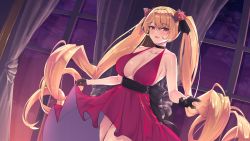 Rule 34 | 1girl, alternate costume, anniversary, azur lane, bare shoulders, batsu, black gloves, black ribbon, blonde hair, blush, breasts, cleavage, commentary request, curtains, dress, flower, gloves, hair flower, hair ornament, hair ribbon, half gloves, highres, indoors, large breasts, long hair, looking at viewer, nelson (azur lane), parted lips, pleated dress, red dress, red eyes, red flower, red rose, ribbon, rose, smile, solo, sunset, twintails, very long hair, window