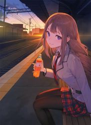 Rule 34 | 1girl, arm at side, backlighting, black necktie, black pantyhose, black stripes, blazer, blouse, blue eyes, blush, bottle, breasts, brown hair, building, closed jacket, closed mouth, cloud, cloudy sky, collared shirt, commentary request, dress shirt, food, fruit, grey jacket, highres, holding, holding bottle, jacket, leaning forward, lens flare, looking at viewer, medium breasts, nagu, necktie, on bench, orange (fruit), original, pantyhose, plaid, plaid skirt, power lines, railroad tracks, red necktie, red skirt, school uniform, shirt, sitting, skirt, sky, smile, soda bottle, solo, striped necktie, sunset, train station, utility pole, white shirt