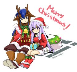 Rule 34 | 1boy, 1girl, alternate costume, animal ears, belt pouch, blue eyes, blue hair, boots, brother and sister, christmas, christmas ornaments, circlet, cosplay, fire emblem, fire emblem: genealogy of the holy war, fire emblem heroes, fur trim, gift, gloves, hat, holding, holding gift, jaffar (fire emblem), jaffar (winter) (fire emblem), jaffar (winter) (fire emblem) (cosplay), julia (fire emblem), knee boots, long hair, nino (fire emblem), nino (winter) (fire emblem), nino (winter) (fire emblem) (cosplay), nintendo, pouch, purple eyes, purple hair, sack, santa costume, santa hat, seliph (fire emblem), siblings, simple background, sitting, skirt, smile, yukia (firstaid0)