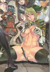 Rule 34 | 2girls, abs, animal, armor, arms behind back, blue hair, blush, boots, bottomless, breasts, censored, closed eyes, convenient censoring, curvy, dagger, dark-skinned female, dark skin, echidna (queen&#039;s blade), echidna (queen's blade), elf, everyone, f.s., fang assassin irma, grabbing another&#039;s hair, green hair, hand on head, high heel boots, high heels, highres, huge breasts, irma (queen&#039;s blade), irma (queen's blade), knife, large breasts, lipstick, long hair, looking at viewer, makeup, multicolored hair, multiple girls, muscular, navel, non-web source, official art, parted lips, partially visible vulva, pointy ears, ponytail, purple eyes, queen&#039;s blade, queen&#039;s blade vanquished queens, red eyes, short hair, sitting, snake, spread legs, sweat, thick thighs, thighhighs, thighs, torn clothes, two-tone hair, underboob, veteran mercenary echidna, weapon, wide hips
