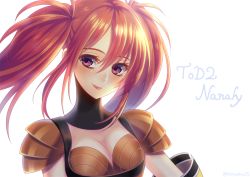 Rule 34 | 1girl, armor, breasts, cleavage, elbow gloves, gloves, lips, long hair, nanaly fletch, purple eyes, red hair, smile, tales of (series), tales of destiny 2, twintails