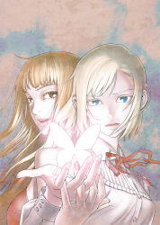 Rule 34 | 2girls, ayamura kirihito, blonde hair, brown hair, bug, butterfly, colored eyelashes, glowing butterfly, insect, kate ashley, lise mayer, long hair, medium hair, multiple girls, open mouth, parted lips, red garden, red ribbon, ribbon, shirt, simple background, upper body, white shirt