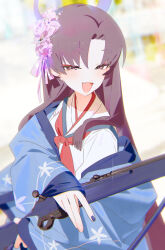Rule 34 | 1girl, absurdres, blue archive, blush, bm tol, eyeshadow, fang, fingernails, flower, gun, hair flower, hair ornament, halo, haori, highres, holding, holding gun, holding weapon, japanese clothes, long hair, long sleeves, looking at viewer, makeup, neckerchief, open mouth, pink flower, purple eyes, purple hair, purple halo, red eyeshadow, red neckerchief, sailor collar, smile, solo, upper body, weapon, white sailor collar, wide sleeves, yukari (blue archive)