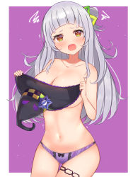 Rule 34 | 1girl, :o, alternate breast size, black hat, blunt bangs, blush, border, breasts, cleavage, collarbone, commentary request, cone hair bun, cowboy shot, hair bun, hat, highres, holding, holding clothes, holding hat, hololive, large breasts, long hair, looking at viewer, mi taro333, murasaki shion, murasaki shion (1st costume), navel, open mouth, orange eyes, outside border, panties, purple background, purple panties, side bun, silver hair, simple background, single hair bun, single side bun, solo, squiggle, stomach, straight hair, thigh gap, thigh strap, topless, underwear, underwear only, unworn hat, unworn headwear, virtual youtuber, white border, witch hat
