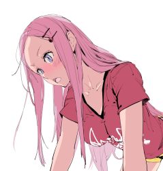 Rule 34 | 1girl, all fours, anemone (eureka seven), blush, breasts, casual, cleavage, contemporary, eureka seven, eureka seven (series), forehead, hair ornament, hairclip, highres, kanasebench, long hair, medium breasts, parted bangs, pink hair, purple eyes, shirt, short shorts, shorts, sidelocks, simple background, solo, t-shirt, white background