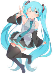 Rule 34 | 1girl, ;), abmayo, aqua eyes, aqua hair, bare shoulders, black thighhighs, blue eyes, blush, boots, commentary request, detached sleeves, hair ornament, hatsune miku, highres, long hair, looking at viewer, necktie, one eye closed, open mouth, skirt, sleeveless, smile, solo, thigh boots, thighhighs, twintails, very long hair, vocaloid, w
