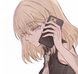 Rule 34 | 1girl, bang dream!, bang dream! it&#039;s mygo!!!!!, black shirt, blonde hair, cellphone, chinese commentary, closed mouth, commentary request, highres, holding, holding phone, junjun (kimi-la), medium hair, misumi uika, necktie, phone, purple eyes, shirt, simple background, sleeveless, sleeveless shirt, smartphone, solo, tearing up, upper body, white background, white necktie