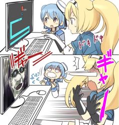 Rule 34 | 2girls, 2koma, ^^^, ahenn, blonde hair, blue eyes, blue shirt, breast pocket, breasts, bulging eyes, buttons, comic, commentary request, computer, crying, crying with eyes open, eye pop, gambier bay (kancolle), gloves, hairband, kantai collection, keyboard, large breasts, long hair, monitor, mouse (computer), mousepad, mousepad (object), multiple girls, playing games, pocket, samuel b. roberts (kancolle), shirt, short sleeves, tearing up, tears, twintails
