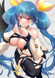 Rule 34 | 1girl, absurdres, angel wings, asymmetrical wings, bad id, bad pixiv id, bare shoulders, belt, black panties, black thighhighs, blue hair, blush, breasts, breasts out, cleavage, detached collar, detached sleeves, dizzy (guilty gear), grey background, guilty gear, guilty gear xrd, hair ribbon, hair rings, highres, large breasts, long hair, looking at viewer, mature female, midriff, monster girl, nail polish, navel, nipples, panties, parted lips, red eyes, ribbon, rio, sidelocks, simple background, skindentation, solo, stomach, tail, tail ornament, tail ribbon, thick thighs, thigh strap, thighhighs, thighs, twintails, underwear, wings, yellow ribbon