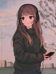 Rule 34 | 1girl, artist name, bandaid, bandaid on face, black jacket, black nails, brown hair, cellphone, cityscape, closed mouth, cloud, cowboy shot, headphones, highres, holding, holding phone, jacket, long hair, long sleeves, mole, mole under mouth, nail polish, original, outdoors, phone, red eyes, sky, smartphone, solo, tree, twilight, vickie (cryingrobot)