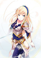 Rule 34 | 1girl, armor, bad id, bad pixiv id, blonde hair, blue eyes, breasts, broken armor, cleavage, damaged, elbow gloves, gloves, green eyes, hairband, league of legends, long hair, looking at viewer, lux (league of legends), pauldrons, riot games, shoulder armor, solo, torn clothes, vococo, wardrobe malfunction, weapon