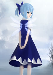 Rule 34 | 1girl, alternate hairstyle, arms behind back, bad id, bad pixiv id, blue eyes, blue hair, bow, cirno, embodiment of scarlet devil, fakkuma, fakkuma kouroumue, female focus, from behind, hair bow, legs apart, looking back, matching hair/eyes, own hands together, ponytail, short hair, solo, standing, touhou, wings