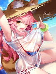 Rule 34 | 10s, 1girl, animal ears, beach, bikini, blue bikini, blush, bracelet, breasts, cleavage, clothes pull, cloud, day, ears through headwear, fang, fate/extra, fate/grand order, fate (series), fox ears, fox tail, hat, jewelry, kousaki rui, large breasts, long hair, looking at viewer, one eye closed, open mouth, outdoors, pink hair, see-through silhouette, shirt, shirt pull, side-tie bikini bottom, signature, sky, smile, solo, straw hat, swimsuit, tail, tamamo (fate), tamamo no mae (fate/extra), tamamo no mae (swimsuit lancer) (fate), tamamo no mae (swimsuit lancer) (second ascension) (fate), wet, wet clothes, wet shirt, yellow eyes