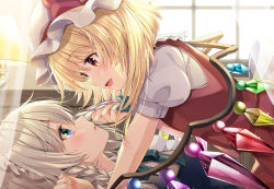 Rule 34 | 2girls, blonde hair, blue eyes, blurry, blurry background, blush, bow, braid, breasts, commentary request, eye contact, fang, flandre scarlet, from side, green bow, hair bow, hat, hat ribbon, holding another&#039;s hair, indoors, izayoi sakuya, lamp, looking at another, medium breasts, mob cap, multiple girls, open mouth, profile, puffy short sleeves, puffy sleeves, red eyes, red ribbon, red vest, ribbon, shirt, short sleeves, silver hair, touhou, twin braids, upper body, vest, white headwear, white shirt, window, wings, yellow neckwear, yuri, yuuka nonoko