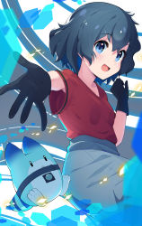 Rule 34 | 1girl, absurdres, bad id, bad pixiv id, black gloves, black hair, blue eyes, commentary, gloves, grey shorts, highres, kaban (kemono friends), kemono friends, looking at viewer, lucky beast (kemono friends), no headwear, open mouth, outstretched arm, red shirt, shirt, short hair, short sleeves, shorts, smile, solo, standing, takom