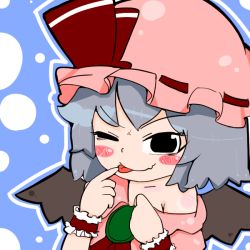 Rule 34 | 1girl, ;q, alternate hair color, ascot, bad id, bad pixiv id, bat wings, black eyes, blush stickers, female focus, finger to mouth, hat, hat ribbon, kinugoshi-doufu (okaratt), one eye closed, remilia scarlet, ribbon, seductive smile, short hair, silver hair, smile, solo, tongue, tongue out, touhou, undressing, wings, wink, wrist cuffs
