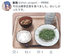 Rule 34 | 1girl, blue bow, blue eyes, blue hair, blush, bow, bowl, brown hoodie, chopsticks, closed mouth, cup, fake screenshot, food, food focus, hair between eyes, hair bow, herb, hood, hoodie, long hair, miso soup, plate, rice, rice bowl, siw0n, smile, solo, soup, touhou, translation request, tray, twitter, yorigami shion
