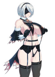 Rule 34 | 1girl, absurdres, bare shoulders, belt, black gloves, black hairband, black panties, black thighhighs, blindfold, blush, breast curtains, breasts, cleavage, elbow gloves, garter belt, gloves, hairband, highleg, highleg panties, highres, large breasts, navel, nier:automata, nier (series), panties, panty pull, short hair, simple background, smile, solo, thighhighs, thighs, torahime (roland00), underwear, white background, white hair, 2b (nier:automata)