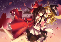 Rule 34 | 2girls, :d, absurdres, black dress, black hat, blonde hair, bow, brown eyes, cherry blossoms, detached sleeves, dress, frilled dress, frills, gogatsu fukuin, hair between eyes, hair bow, hair ornament, hakurei reimu, hat, hat bow, highres, holding hands, interlocked fingers, kirisame marisa, long hair, looking at viewer, multiple girls, open mouth, red bow, red eyes, red shirt, red skirt, ribbon-trimmed sleeves, ribbon trim, shirt, short sleeves, skirt, sky, smile, star (sky), starry sky, touhou, white bow, witch hat