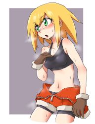 Rule 34 | 1girl, bare arms, bare shoulders, bike shorts, bike shorts under shorts, blonde hair, blush, breasts, brown gloves, capcom, gloves, green eyes, hand on own chest, highres, hot, jumpsuit, jumpsuit around waist, medium breasts, mega man (series), mega man legends (series), midriff, navel, open mouth, roll caskett (mega man), short shorts, shorts, sidelocks, solo, steaming body, suzurino, sweat, tank top, zipper