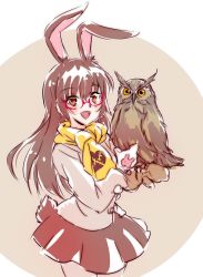 Rule 34 | 1girl, animal ears, bird, rabbit ears, rabbit tail, check commentary, commentary request, glasses, iesupa, jacket, mittens, owl, rwby, scarf, voice actor connection, tail, velvet scarlatina