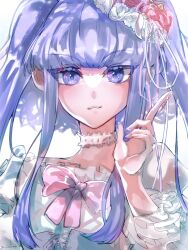 Rule 34 | 1girl, asakura shion, blue eyes, blue hair, blunt bangs, bow, choker, cross-laced clothes, cross-laced skirt, dot nose, flower, frilled sleeves, frills, furudo erika, hair flower, hair ornament, high-waist skirt, highres, light smile, lolita fashion, long hair, looking at viewer, mixed-language commentary, multiple drawing challenge, pink bow, puffy sleeves, red flower, red rose, ribbon, rose, sidelocks, signature, skirt, solo, tsurime, twintails, umineko no naku koro ni, upper body, white background