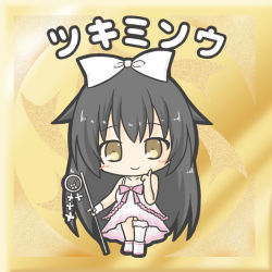 Rule 34 | 1girl, bare arms, bare shoulders, black hair, blush, boots, bow, brown eyes, character name, chibi, closed mouth, dress, fingerless gloves, flower knight girl, full body, gloves, hair bow, hand up, holding, index finger raised, long hair, looking at viewer, ri-net, single glove, single thighhigh, sleeveless, sleeveless dress, smile, solo, standing, thighhighs, tsukimisou (flower knight girl), very long hair, white bow, white dress, white footwear, white gloves, white thighhighs