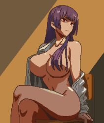 Rule 34 | 1girl, bare shoulders, breasts, chair, closed mouth, collarbone, convenient leg, crossed legs, hair over breasts, huge breasts, ijiranaide nagatoro-san, long hair, on chair, pixel art, purple hair, red eyes, shiroi seishi, shirt, simple background, sitting, solo, sunomiya sana, white shirt