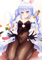 Rule 34 | 1girl, absurdres, bare shoulders, black gloves, black leotard, blue hair, braid, breasts, brown pantyhose, cameltoe, carrot, carrot hair ornament, cleavage, clothing aside, collarbone, covered navel, feet, food-themed hair ornament, gloves, grin, hair ornament, highres, hololive, hololive fantasy, kneeling, legs, leotard, leotard aside, medium breasts, mee don, multicolored hair, pantyhose, rabbit ears, red eyes, rug, scrunchie, simple background, sitting, smile, solo, thick eyebrows, twin braids, two-tone hair, usada pekora, virtual youtuber, wariza, white background, white hair, wrist scrunchie