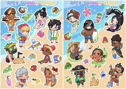 1other 6+boys 6+girls ambiguous_gender animal animal_on_head animification apex_legends aqua_capelet ball bangalore_(apex_legends) beach beachball beard bikini bird bird_on_head black_hair bloodhound_(apex_legends) blue_eyes blue_hair blue_shirt blue_swim_trunks braid brown_eyes brown_hair catalyst_(apex_legends) chibi coconut_cup conch conduit_(apex_legends) cropped_shirt crossed_arms crow crypto_(apex_legends) cup d.o.c._health_drone dark-skinned_female dark-skinned_male dark_skin diving_suit dreadlocks drinking_straw facial_hair flower flower_necklace folding_fan food fruit fuse_(apex_legends) garra_de_alanza goggles goggles_on_head green_hair grey_hair grey_shirt grey_shorts guitar hair_bun hand_fan hat holding holding_fan holding_tray horizon_(apex_legends) innertube instrument jacket jewelry korean_commentary life_vest lifeline_(apex_legends) lip_piercing loba_(apex_legends) looking_to_the_side mask mechanical_arms mechanical_legs mirage_(apex_legends) mouth_mask multicolored_hair multiple_boys multiple_girls music mustache namjak navel necklace nessie_(respawn) newcastle_(apex_legends) non-humanoid_robot octane_(apex_legends) on_head one_eye_closed one_eye_covered orange_vest piercing pink_bikini playing_instrument purple_bikini red_flower red_hair robot sand_castle sand_sculpture seashell seaweed seer_(apex_legends) shell shirt shorts single_hair_bun single_mechanical_arm skirt smile soul_patch straw_hat streaked_hair stuffed_toy summer sunglasses swim_ring swimsuit topless_male tray twin_braids two-tone_hair undercut v-shaped_eyebrows valkyrie_(apex_legends) vest visor_cap water watermelon watermelon_slice wattson_(apex_legends) whistle whistle_around_neck white_jacket wraith_(apex_legends) yellow_bikini yellow_skirt