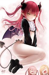 Rule 34 | 2girls, ^ ^, black legwear, blunt bangs, blush, chibi, closed eyes, closed mouth, commentary, cosplay, crop top, demon girl, demon horns, demon tail, demon wings, embarrassed, english commentary, feet together, flat chest, frilled panties, frilled shirt, frills, from side, full body, green eyes, heart, heart background, heart in mouth, highres, horns, imagining, inui sajuna, kitagawa marin, legs together, long hair, looking at viewer, multiple girls, open mouth, panties, pointy ears, red hair, rizu-kyun, shirt, signature, socks, solo focus, sono bisque doll wa koi wo suru, sweatdrop, tail, thighs, thought bubble, two side up, underwear, wide-eyed, wings, zasshu