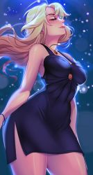 Rule 34 | 1girl, bare shoulders, blonde hair, breasts, closed mouth, dress, earrings, closed eyes, game cg, highres, hooligapps, hot gym, jewelry, large breasts, long hair, night, night sky, sky, smile, solo, stella (hot gym), thick thighs, thighs