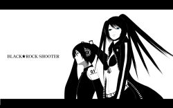 Rule 34 | 10s, 2girls, bad id, bad pixiv id, black rock shooter, black rock shooter (character), greyscale, hatsune miku, high contrast, highres, letterboxed, monochrome, multiple girls, naf, vocaloid, wallpaper