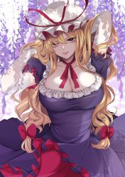 Rule 34 | 1girl, arms up, blonde hair, blush, bow, breasts, cleavage, collarbone, cowboy shot, dress, elbow gloves, frills, gloves, hair between eyes, hair bow, hair flowing over, hair ribbon, hand in own hair, hat, hat ribbon, highres, large breasts, long hair, looking at viewer, mob cap, momendoufu, neck ribbon, parted lips, puffy short sleeves, puffy sleeves, purple dress, red bow, red eyes, red ribbon, ribbon, short sleeves, simple background, smile, solo, teeth, touhou, tress ribbon, very long hair, wavy hair, white background, white gloves, white hat, yakumo yukari
