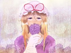 Rule 34 | 1girl, bad id, bad pixiv id, blonde hair, covering face, covering own mouth, covering privates, female focus, flower, gloves, hikarinoko, hydrangea, purple eyes, solo, touhou, yakumo yukari