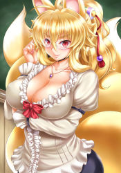 Rule 34 | 1girl, adjusting eyewear, alternate costume, animal ears, bespectacled, blonde hair, blouse, breast hold, breasts, chalkboard, cleavage, collarbone, commentary request, eyebrows, fox ears, fox tail, glasses, izuna (shinrabanshou), jewelry, kitsune, kittan (cve27426), large breasts, long sleeves, looking at viewer, multiple tails, necklace, pendant, puffy sleeves, red eyes, shinrabanshou, shirt, smile, solo, tail, teacher, thick eyebrows, white shirt