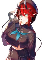 Rule 34 | 1girl, nanashi inc., black hair, breasts, commentary request, crop top, green eyes, hair between eyes, hat, highres, horns, large breasts, long sleeves, looking at viewer, multicolored hair, murechika, pointy ears, red hair, ryugasaki rene, short hair, simple background, solo, sugar lyric, tail, tusks, two-tone hair, virtual youtuber, white background