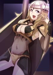 Rule 34 | 1girl, absurdres, ahoge, arms up, blonde hair, breasts, circlet, cleavage, fire emblem, fire emblem fates, grey eyes, highres, large breasts, navel, nintendo, open mouth, ophelia (fire emblem), panties, solo, swept bangs, to (tototo tk), underwear, yellow panties