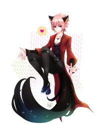Rule 34 | 1boy, animal ears, artist name, black footwear, black pants, black shirt, blade &amp; soul, closed mouth, coat, commentary request, full body, half-closed eyes, heart, lanmei jiang, long sleeves, looking at viewer, lyn (blade &amp; soul), male focus, medium bangs, open clothes, open coat, pants, pink hair, red coat, red eyes, shirt, shoes, short hair, signature, sitting, smile, solo, spoken heart, tail, variant set, white background, wolf ears, wolf tail