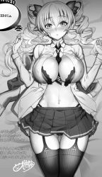 Rule 34 | 10s, 1girl, bra, breasts, claire harvey, drill hair, garter straps, highres, hundred (light novel), large breasts, long hair, looking at viewer, lying, monochrome, panties, solo, thighhighs, twin drills, underwear