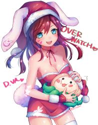 Rule 34 | 1girl, :3, :d, animal ears, bare shoulders, blue eyes, blush, blush stickers, breasts, brown hair, cleavage, collarbone, d.va (overwatch), dot eyes, dress, eneru (enepuni), facial mark, fangs, fingerless gloves, gloves, hair between eyes, hat, heart, heart-shaped pupils, highres, hip focus, holding, holding stuffed toy, long hair, looking at viewer, medium breasts, neck ribbon, octopus, open mouth, overwatch, overwatch 1, pachimari, rabbit ears, rabbit tail, ribbon, santa costume, santa hat, sleeveless, sleeveless dress, smile, snowflakes, solo, stuffed animal, stuffed toy, sweat, symbol-shaped pupils, tail, tentacles, thighhighs, whisker markings