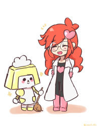 Rule 34 | 2girls, :&gt;, :d, arms behind back, black bodysuit, blush, blush stickers, bodysuit, braid, broom, coat, doris-1, closed eyes, female focus, full body, glasses, hair ornament, heart, heart hair ornament, heart print, highres, holding, holding broom, lab coat, maid headdress, multiple girls, nintendo, open clothes, open coat, open mouth, orange hair, penny crygor, pink footwear, robot, round eyewear, sidelocks, simple background, size difference, smile, standing, twin braids, warioware, white background, white coat